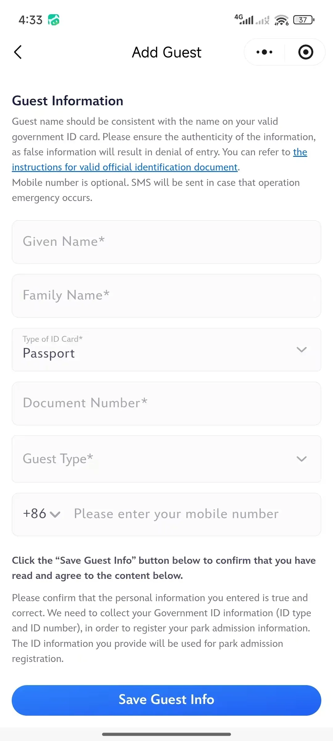 The Add Guest screen in English, with Given Name, Family Name, Type of ID Card set to Passport, Document Number, Guest Type and an optional mobile number