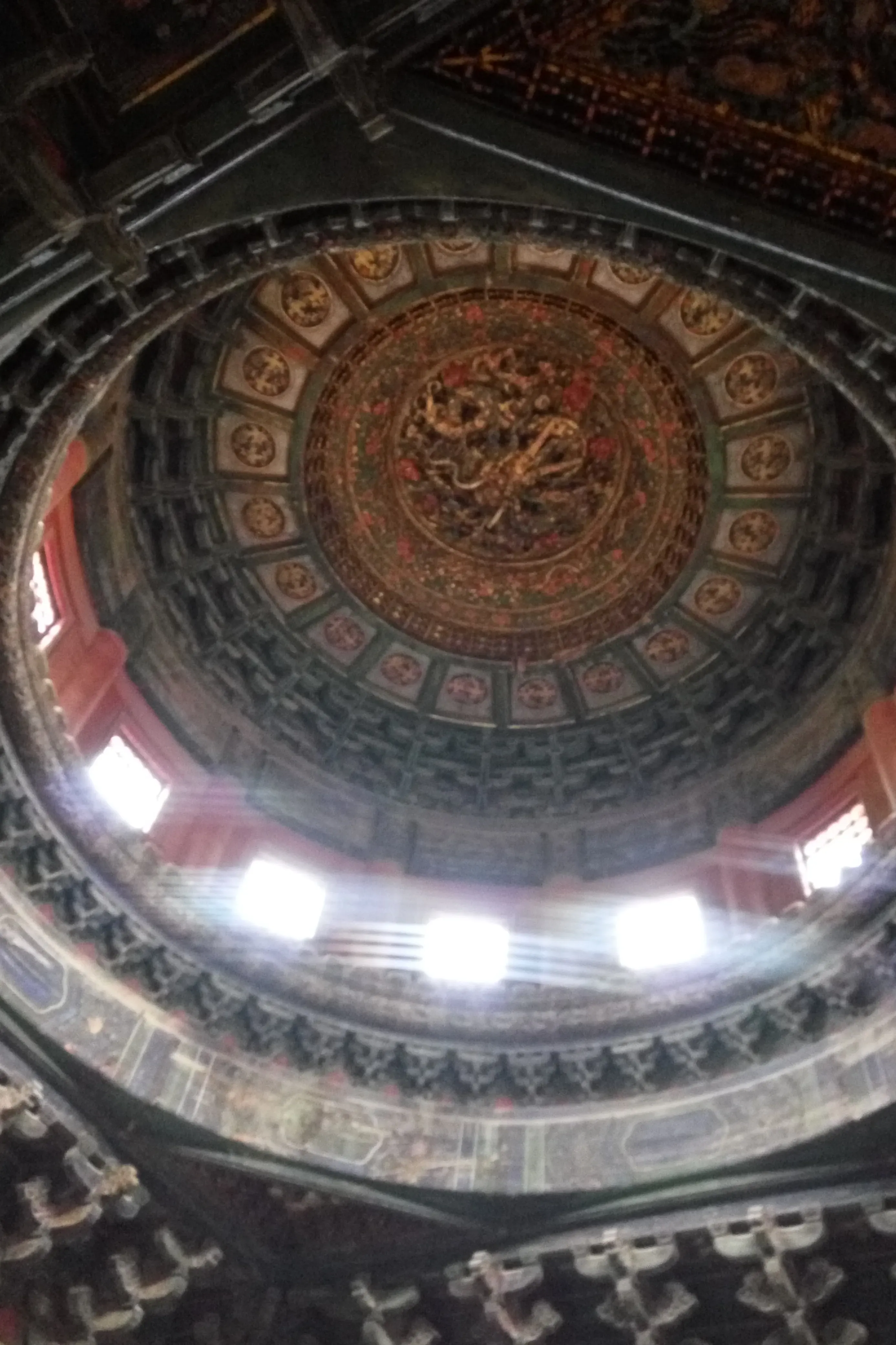 A painted caisson ceiling inside one of the palace buildings