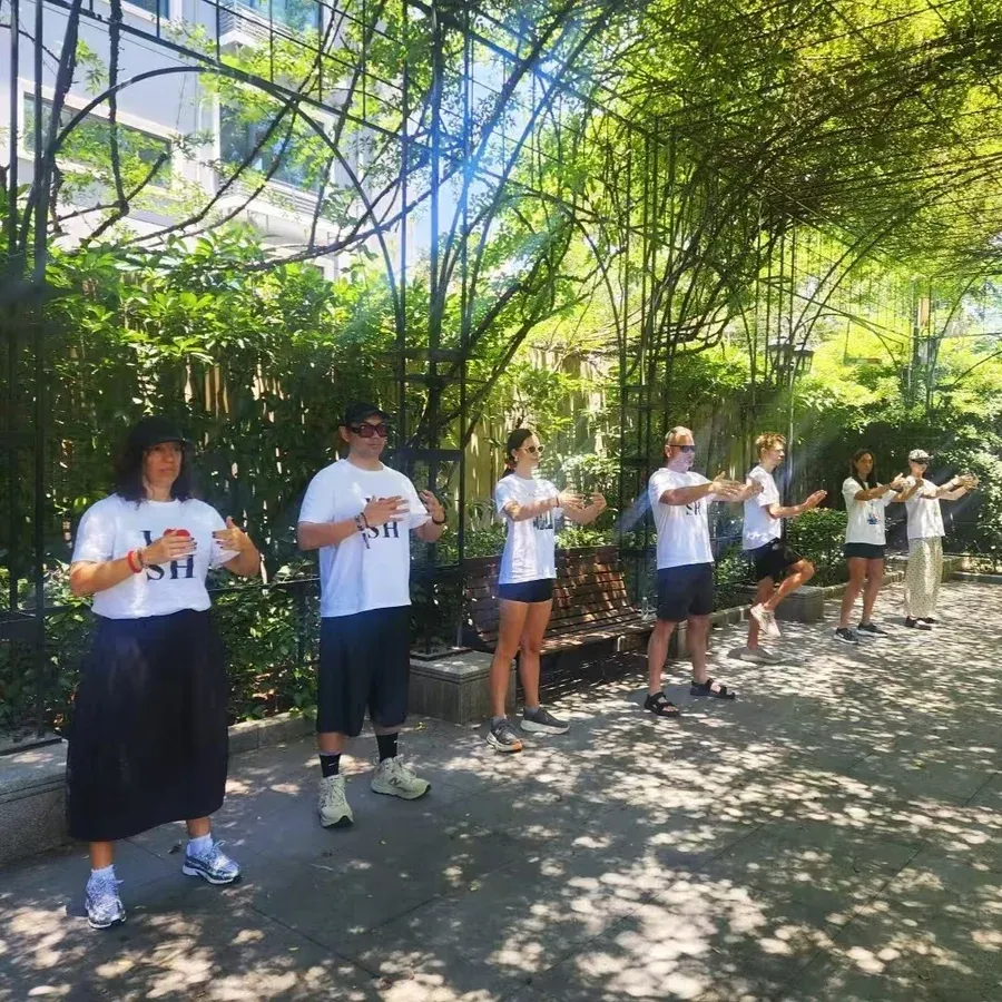 A group in matching T-shirts going through a slow morning exercise routine under a shaded trellis in a Shanghai park