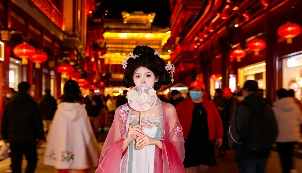 A woman in pink and green hanfu holding a round silk fan on a red-lantern-lit street at night in Shanghai, crowds walking behind her
