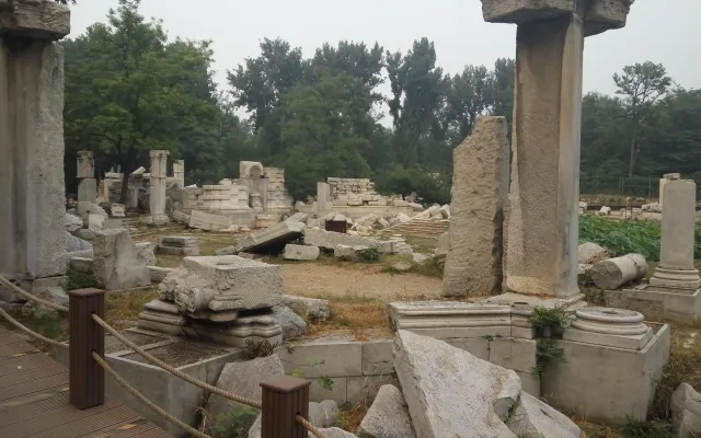 Marble columns and scattered stonework in the European-style ruins of Yuanmingyuan, Beijing