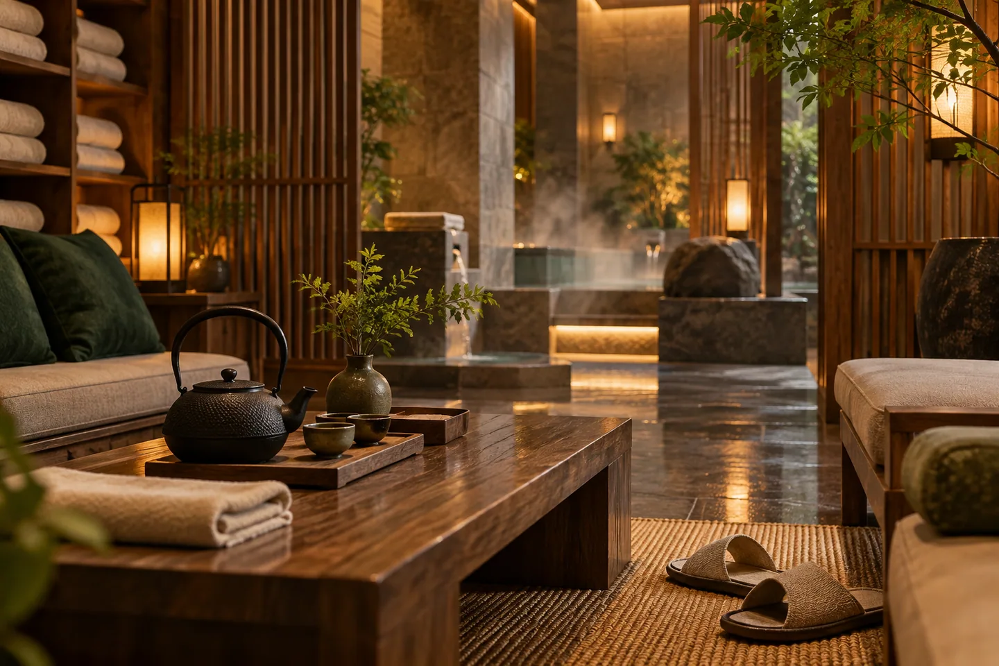 Warm modern Chinese bathhouse lounge with tea and slippers