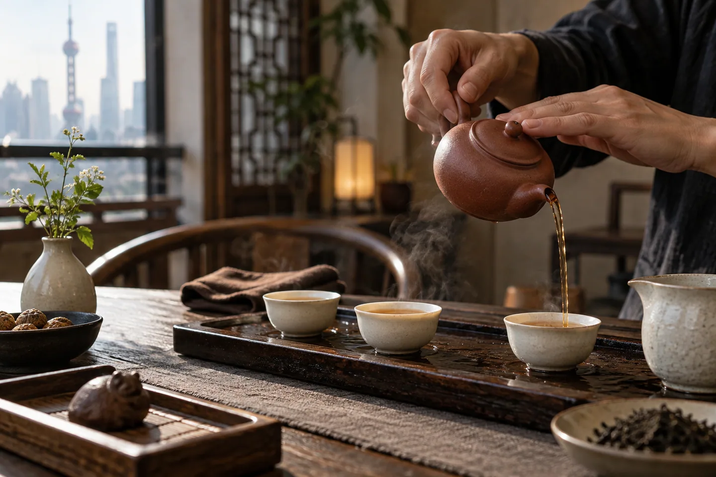 Hands pouring gongfu tea into small tasting cups