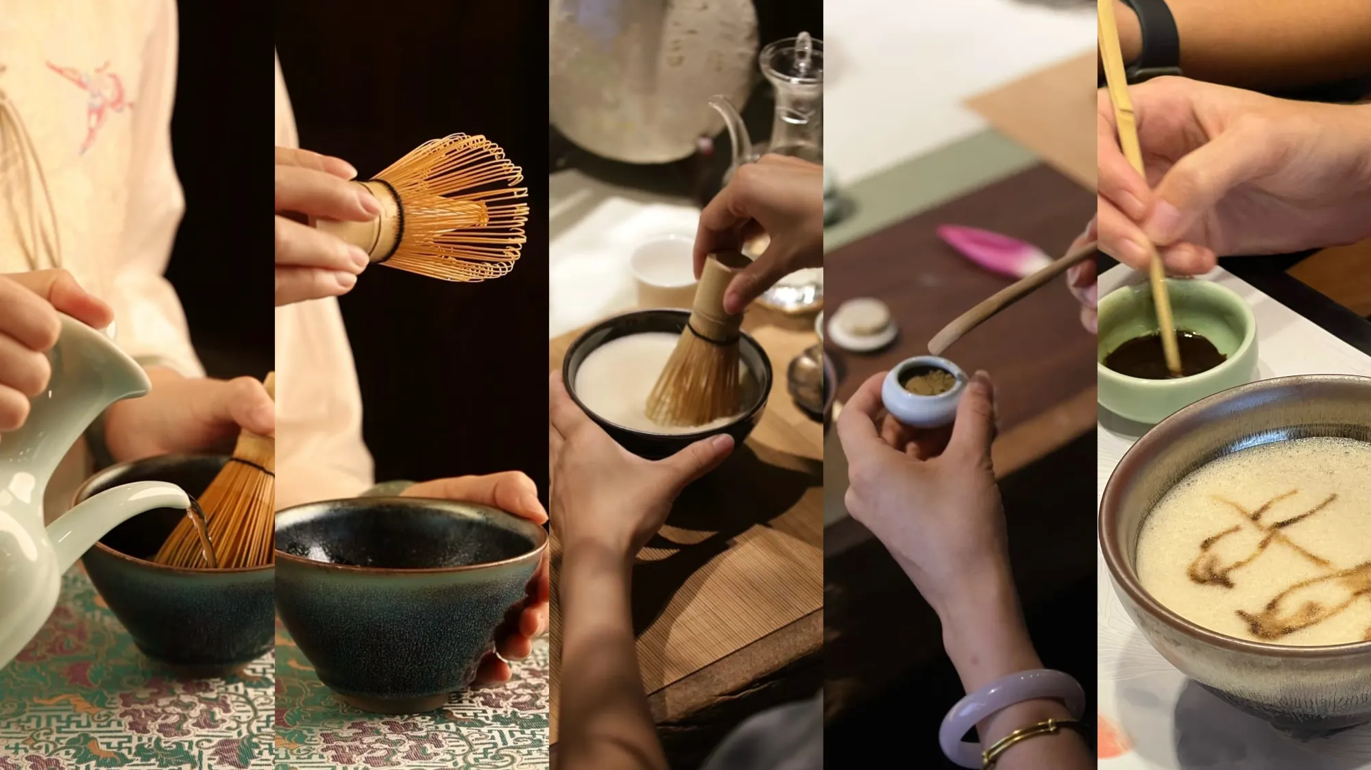 Hands whisking Song-dynasty-style dian cha and drawing on the tea foam