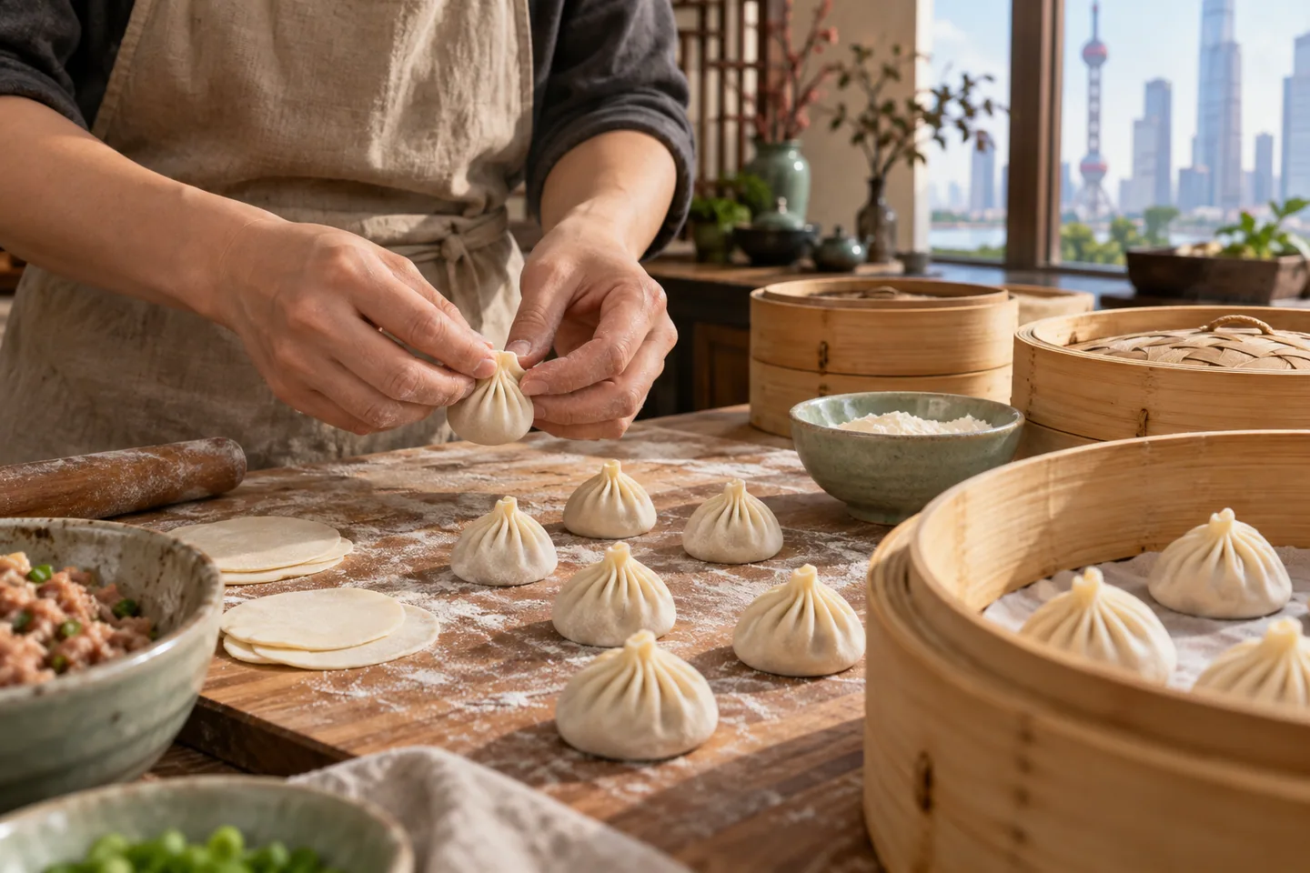 Hands folding xiaolongbao beside bamboo steamers