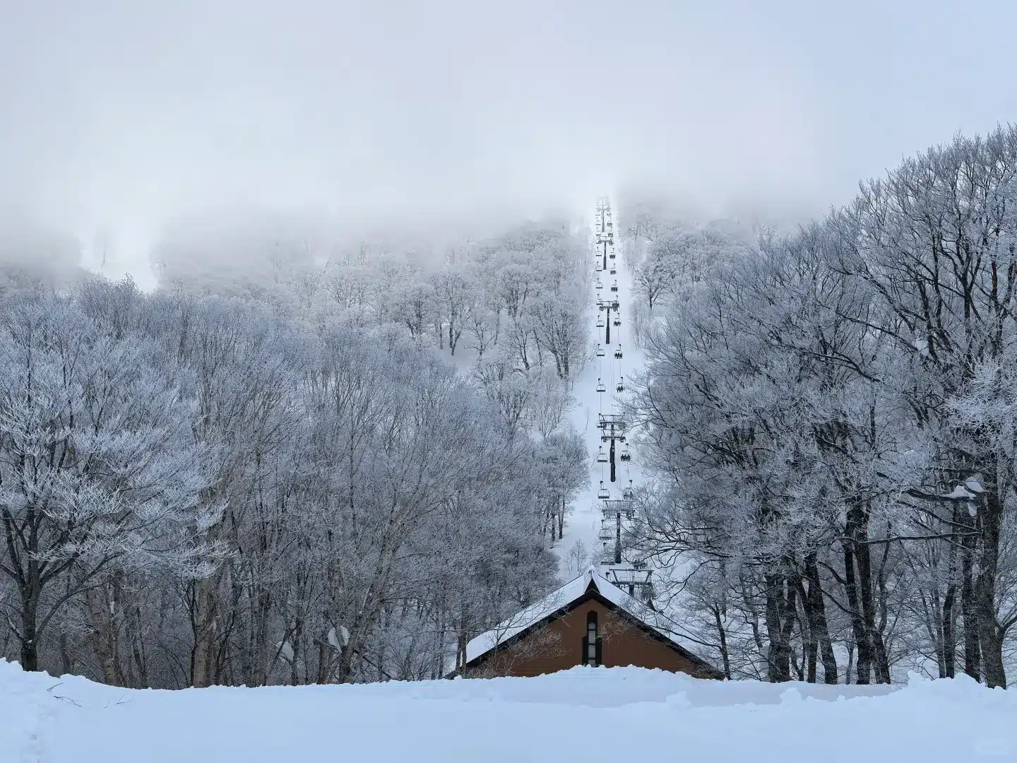 Snowy street in Nozawa Onsen traditional village with steam rising from public hot spring baths