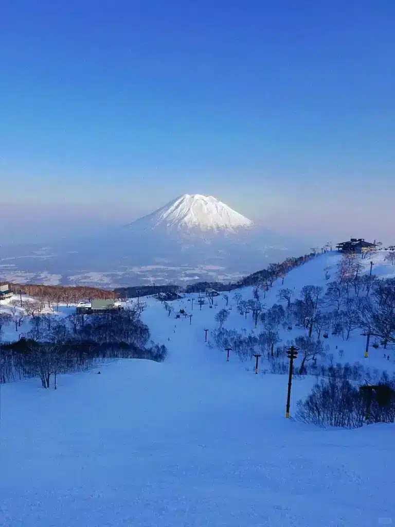 Skier carving through deep powder at Niseko with Mount Yotei in the background in Hokkaido Japan